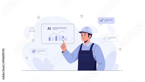 Worker Interacting with AI Data Analysis Chart on Screen