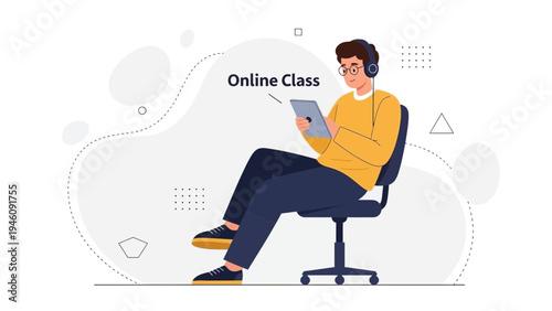 Young Man Attending Online Class with Tablet and Headphones, Studying Remotely