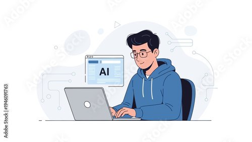 Young developer coding artificial intelligence on laptop, modern technology concept