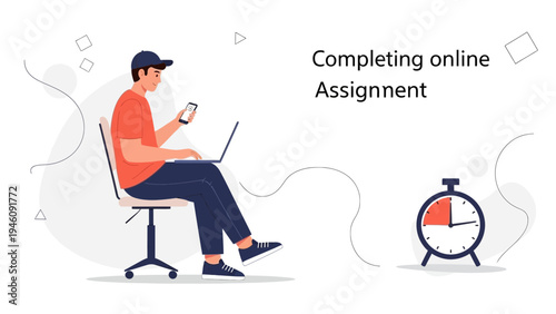 Young man completing online assignment on laptop and smartphone with timer
