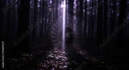 Orb web adorned with dew illuminated by a bright vertical light source deep within a dark forest