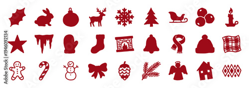 Hand-drawn winter holiday elements for festive brand identity. Red naive doodle illustrations featuring Christmas ornaments and cozy seasonal concepts.