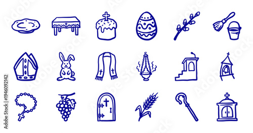 Orthodox Easter and Christian liturgical elements in a naive doodle style. Rustic hand-drawn blue marker sketches of church rituals and spring symbols.