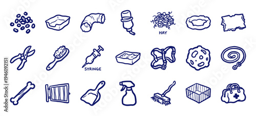 Hand-drawn pet care and small animal supply elements for veterinary branding. Rustic naive marker sketch illustrations of rabbit and rodent accessories.