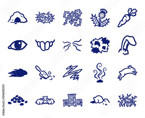 Hand-drawn rabbit care and nature elements in a naive marker sketch style. Rustic blue ink illustrations featuring bunny life and garden concepts.