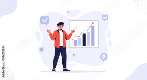 Man presenting financial growth chart, business success concept illustration
