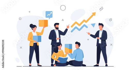 Business team collaborating on growth strategy with charts and data visualization