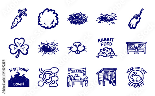 Rabbit care and leporid folklore elements in a navy blue marker sketch style. Rustic hand-drawn doodles featuring hutches, burrows, and carrots.