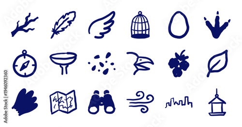 Birdwatching and ornithology hand-drawn elements for nature branding. Rustic naive marker sketch illustrations of avian life and forest exploration.