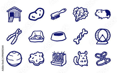 Hand-drawn small pet care and rodent supply elements for organic veterinary branding. Rustic, naive marker sketch illustrations of guinea pig and chinchilla.