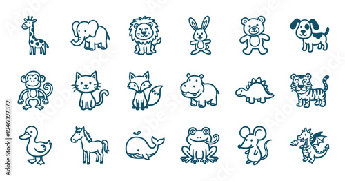 Hand-drawn whimsical animal doodles for children's branding and educational materials. Simple monoline naive sketches of zoo and farm creatures.