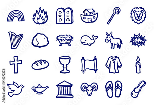 Hand-drawn biblical symbols and religious ornaments for spiritual branding. Rustic, naive marker sketch illustrations featuring Christian and Jewish faith concepts.