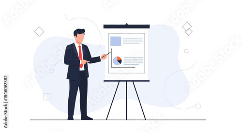 Businessman presenting charts and graphs on a flip chart in a modern office setting.