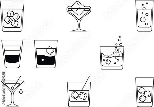 Stylized black and white illustrations of cocktail, martini, highball, and lowball glasses with ice cubes, bubbles, straws, and garnishes