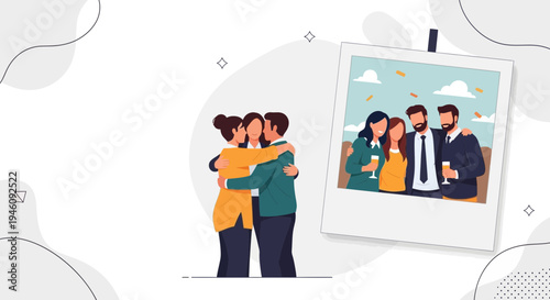 Friends hugging and celebrating, photo frame with happy group