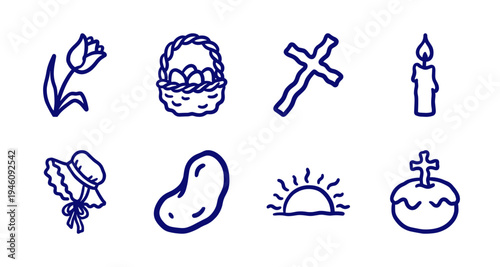 Hand-drawn Easter and religious spring elements for festive brand identity. Rustic, naive marker sketch illustrations featuring holiday concepts.