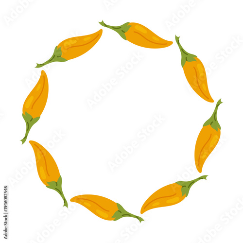 Round wreath of yellow chili peppers. Spicy vegetable illustration isolated on white background for menu, packaging and food branding.