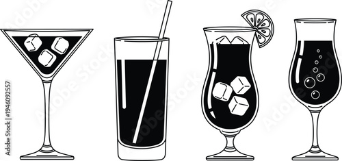 Assorted cocktail and beverage glassware set featuring martini, highball, hurricane, and tulip glasses with dark drinks and garnishes, studio shot