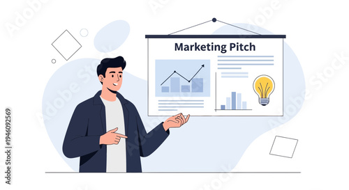 Man presenting marketing pitch with graphs and lightbulb idea on whiteboard