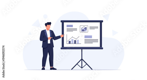 Businessman Presenting Financial Data on a Whiteboard with Charts and Graphs