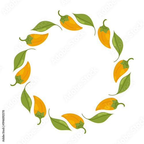 Decorative circular frame of yellow chili peppers and green leaves. Botanical spicy border isolated on white background for food packaging, menus and labels.