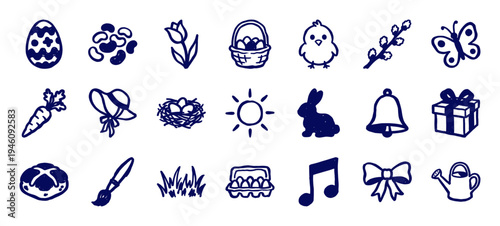 Hand-drawn Easter and spring season elements for organic brand identity. Rustic, naive marker sketch illustrations featuring holiday celebration concepts.