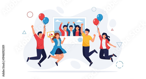 Happy People Jumping with Balloons and Photo Frame, Celebrating Success and Friendship