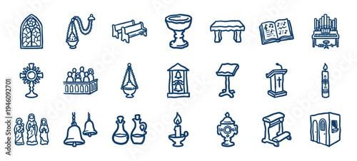 Catholic church liturgical items and sanctuary furniture in a naive blue ink doodle style. Rustic hand-drawn religious worship elements for parish branding.