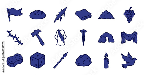 Hand-drawn Easter and Holy Week religious elements for spiritual storytelling. Rustic, naive marker sketch illustrations featuring Passion of Christ symbols.