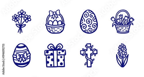 Hand-drawn Easter holiday elements with thick blue outlines. Rustic naive doodle illustrations featuring decorated eggs, spring flowers, gift box, and religious cross.