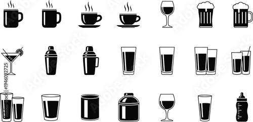 Title: Twenty black and white drinkware icons featuring coffee cups, wine glasses, beer mugs, cocktail glasses and assorted beverage containers for designers