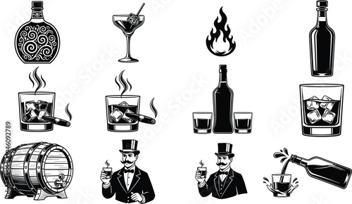 Title: Twelve vintage black and white vector illustrations depicting liquor bottles, martini glass, barrel, smoking cigar and drinking culture icons for branding