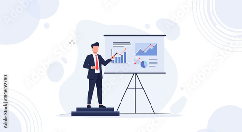 Businessman presenting financial charts on a whiteboard during a meeting.