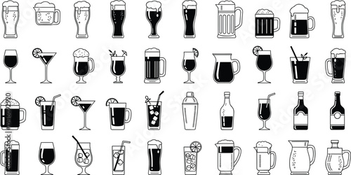 Collection of black and white beverage icons featuring wine, beer, cocktails, pitchers, and drinkware, minimalist design for hospitality graphics