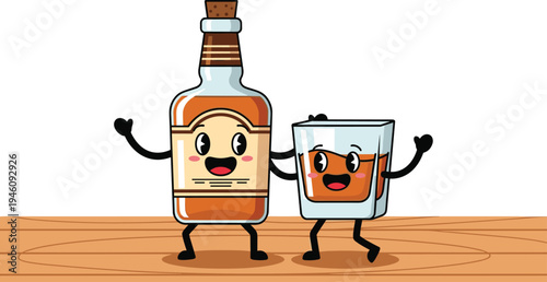 Cartoon illustration of anthropomorphic liquor bottle and glass with smiling faces, playful alcohol character design for beverage branding