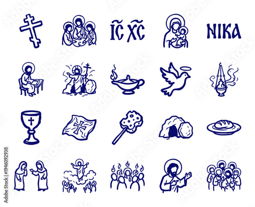Orthodox Christian liturgical symbols and biblical scenes in a rustic hand-drawn marker style. Naive blue ink sketches for religious education and church events.