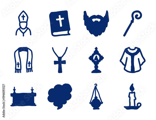 Ecclesiastical and religious symbols for spiritual branding. Rustic naive marker sketch illustrations featuring bishop, liturgy, and worship concepts.