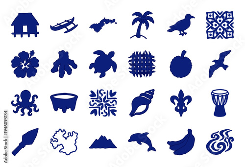 Hand-drawn Pacific island cultural elements and tropical nature symbols. Rustic naive marker sketch illustrations for organic travel branding and storytelling.