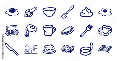 Hand-drawn kitchen tools and baking elements for organic culinary branding. Naive marker sketch illustrations featuring eggs, whisk, and oven.