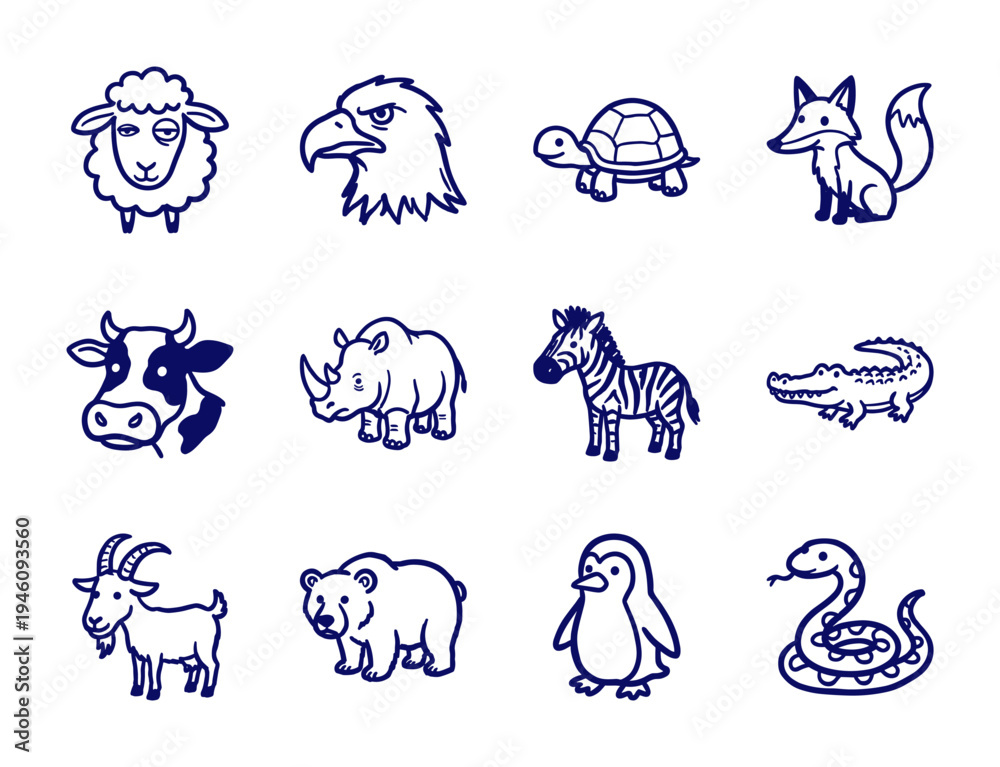Obraz premium Hand-drawn wild and domestic animal doodles for organic branding. Rustic, naive marker sketch illustrations featuring diverse fauna species.