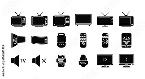 A set of black and white vector icons depicting various television sets, remote controls, smartwatches, and sound symbols, perfect for modern media and entertainment interface designs.