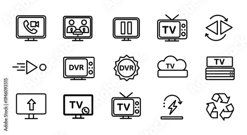 Set of 15 Black Line Vector Icons for TV, Media, and Entertainment Technology, Featuring DVR, Video Call, and Streaming Symbols for Web and Mobile Interfaces