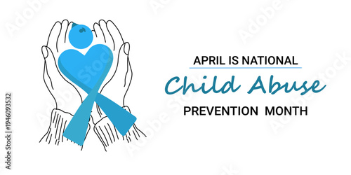 Child abuse prevention awareness poster with protective hands and blue ribbon illustration. line art. Social campaign concept for protection, safety and community support initiatives.