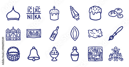 Orthodox Christian Easter symbols and liturgical elements for religious branding. Rustic, naive hand-drawn blue marker sketches featuring church icons and festive bread.