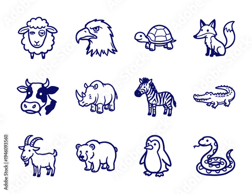 Hand-drawn wild and domestic animal doodles for organic branding. Rustic, naive marker sketch illustrations featuring diverse fauna species.