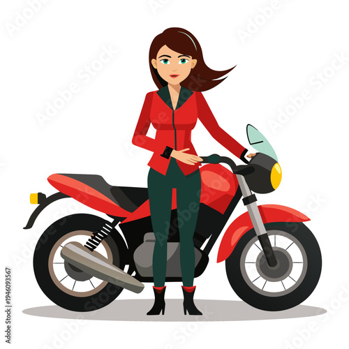 Stylish Woman in Red Jacket Standing with a Sporty Red Motorcycle - Vector Illustration
