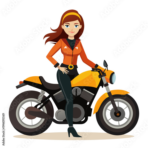 Stylish Young Woman in Orange Jacket Posing with Yellow Sport Motorcycle - Vector Illustration