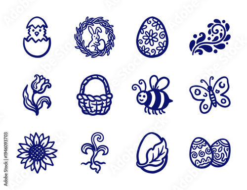 Hand-drawn spring and Easter celebration elements with a naive doodle aesthetic. Rustic marker sketch illustrations featuring bunnies, eggs, and nature.