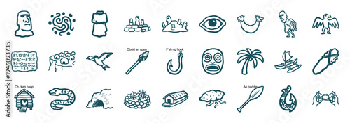 Easter Island Rapa Nui cultural elements and indigenous artifacts. Rustic naive marker sketch illustrations featuring Moai statues and tribal symbols.