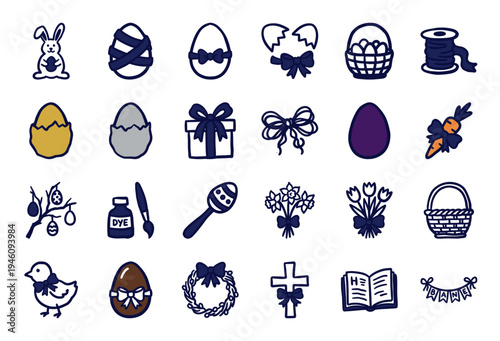 Easter holiday celebration elements with hand-drawn rustic charm. Naive doodle sketches featuring eggs, bunnies, baskets, and religious symbols.